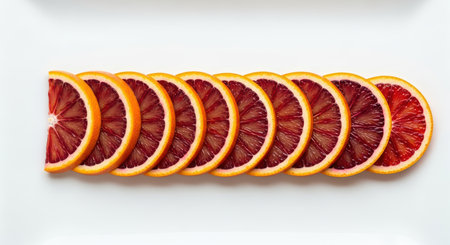 Neatly arranged slices of fresh blood oranges on clean white surfaceの素材