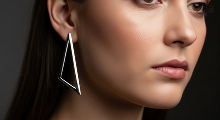Young caucasian female with geometric earrings and natural makeupの素材