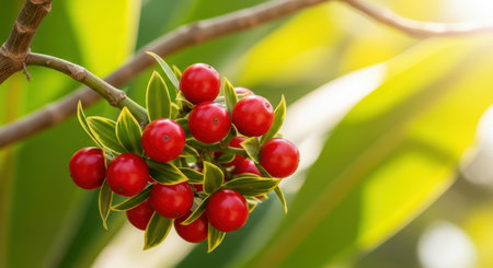 Vibrant red berries on branch with sunlit green leaves in natureの素材