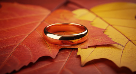 Gold wedding ring on red and yellow autumn leaves symbolizing love and commitmentの素材