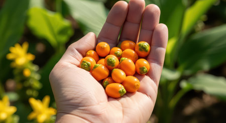 Hand holding fresh orange berries in sunlit garden with green leavesの素材