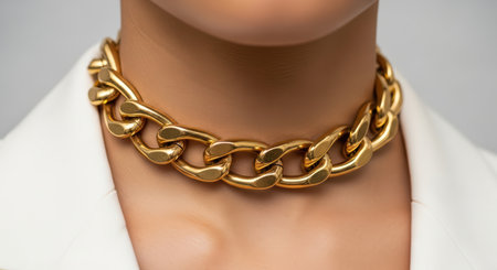 Elegant gold chain necklace worn by female adultの素材