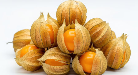 Fresh physalis fruit composition with orange berries and papery husksの素材
