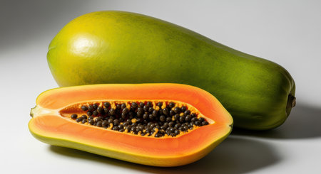 Fresh ripe papaya halved with seeds on display against light backgroundの素材