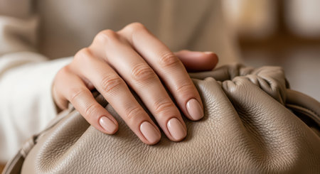 Caucasian female hand with elegant manicure on leather handbagの素材