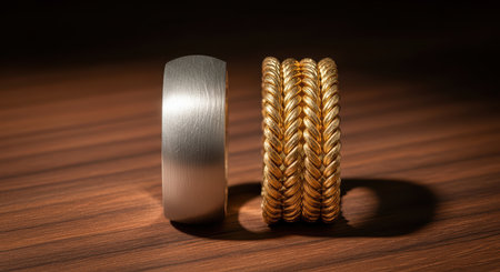 Elegant contrast of silver and gold rings on wooden surfaceの素材