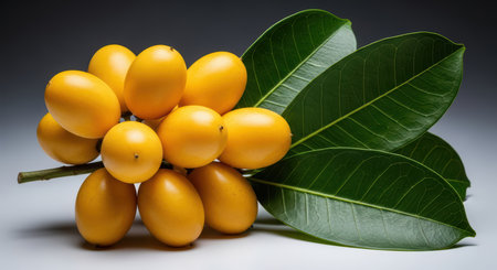 Cluster of ripe yellow dates with green leaves on gray backgroundの素材