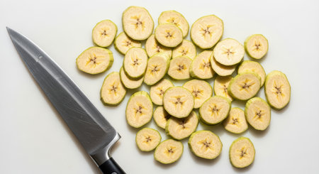 Sliced plantains with kitchen knife on white surfaceの素材