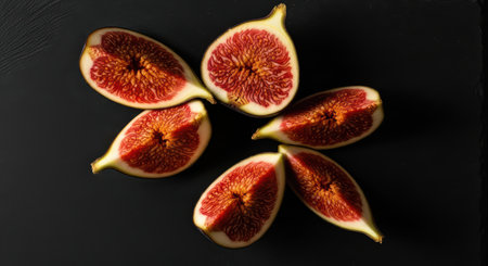 Fresh ripe figs cut in half on black backgroundの素材