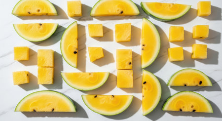 Variety of sliced and cubed yellow watermelon arranged on marble surfaceの素材