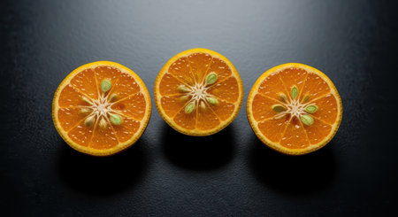 Three fresh orange halves on black surface showcasing vibrant citrusの素材