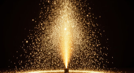 Vibrant golden firework fountain exploding with sparks in night skyの素材