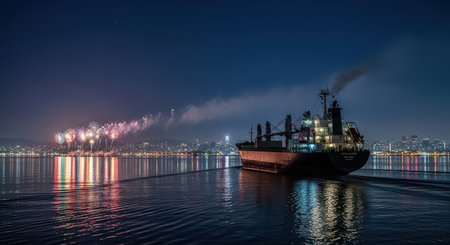 Cargo ship at night with city fireworks reflecting on waterの素材