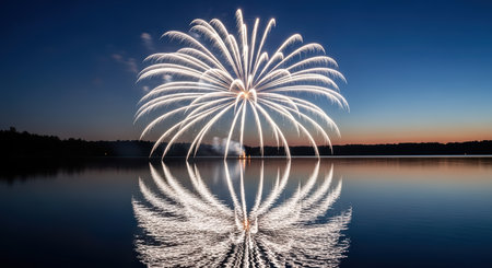 Stunning firework display reflects on calm lake at duskの素材