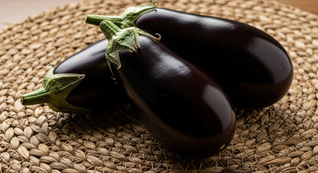 Fresh purple eggplants on woven placemat displaying glossy skin and green stemsの素材