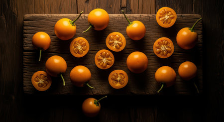 Fresh yellow tomatoes on rustic wooden board in warm lightの素材