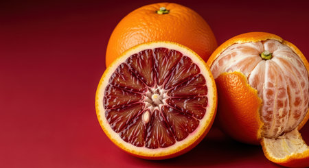 Fresh blood oranges on red background with halved and whole fruitの素材