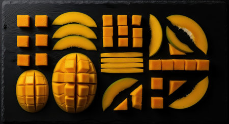 Variety of sliced mango arrangements on black slate backgroundの素材