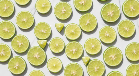 Fresh lime slices on white marble background for citrus textureの素材