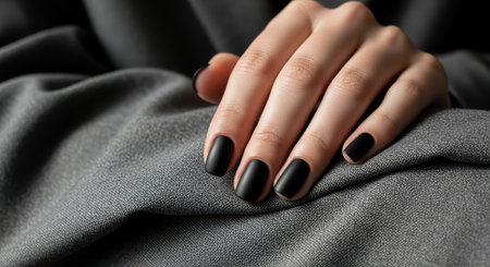Female hand with black matte manicure on gray fabric backgroundの素材