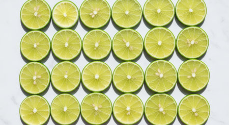 Pattern of fresh lime slices arranged on white backgroundの素材