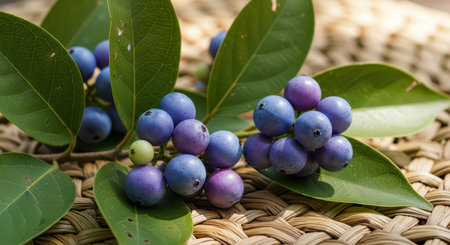 Fresh blueberries with green leaves on woven basketの素材