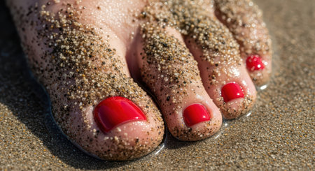 Sandy toes with red pedicure on a beachの素材
