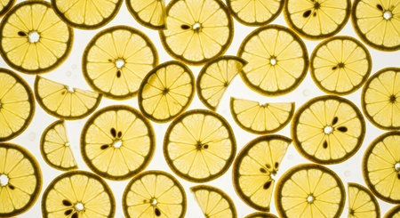 Fresh lemon slices pattern: overlapping yellow citrus circles on white backgroundの素材