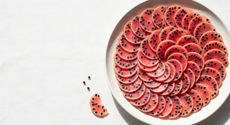 Watermelon-inspired artistic plate design with creative seed patternsの素材