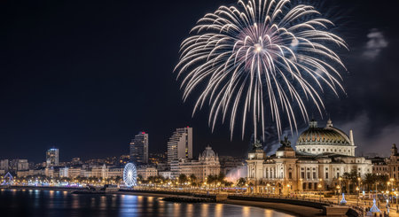 Magnificent fireworks over coastal cityscape at nightの素材