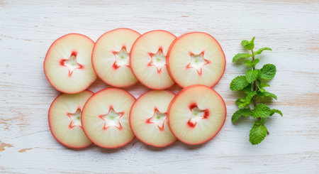 Freshly sliced rose apples with mint on wooden backgroundの素材