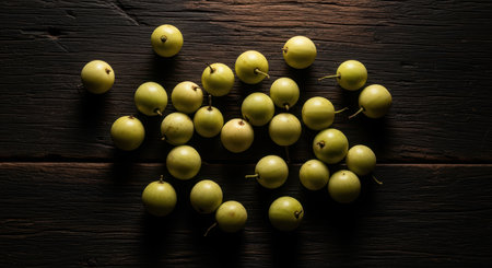 Fresh indian gooseberries on rustic wooden surfaceの素材