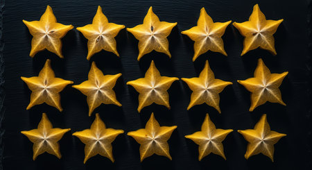 Pattern of fresh sliced starfruit arranged neatly on dark surfaceの素材