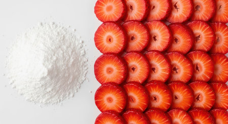 Fresh strawberry slices arranged neatly beside a pile of fine white sugarの素材