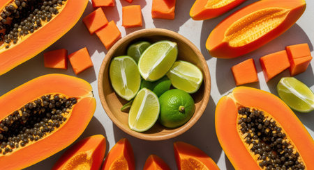 Vibrant papaya and lime arrangement with wooden bowl on light backgroundの素材