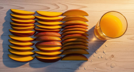Aesthetic mango slices and juice on wooden surface in warm lightの素材