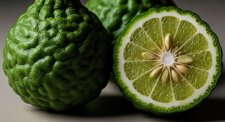 Fresh green kaffir limes with textured skin and juicy slicesの素材