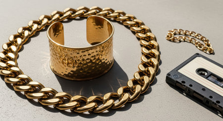 Vintage gold jewelry and cassette tape on textured surfaceの素材