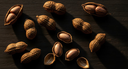 Closeup of organic peanuts in shells on dark wooden surfaceの素材