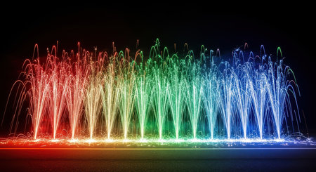 Vibrant multicolored fireworks display illuminating night skyの素材