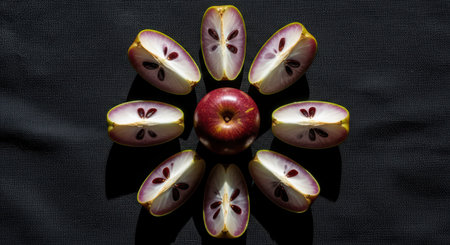 Symmetrical apple slices radiating around whole apple on black backgroundの素材