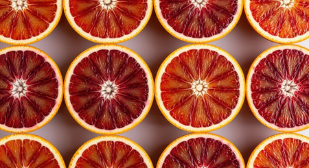 Symmetrical pattern of fresh juicy blood orange slices close-upの素材