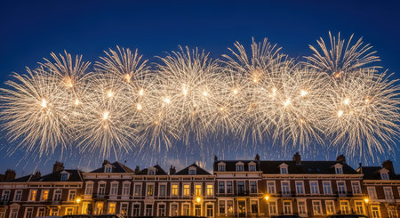 Vibrant celebration fireworks illuminate night sky above european cityの素材