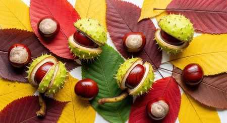 Autumn leaves and horse chestnuts display on white backgroundの素材