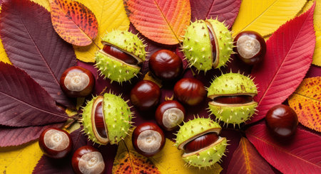 Autumn leaves and horse chestnuts arrangement in natural settingの素材