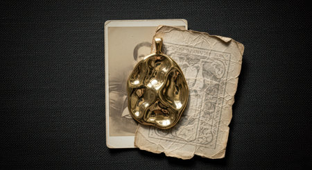Vintage sepia photograph with abstract gold pendant on textured black backgroundの素材