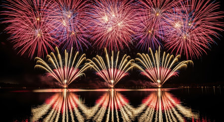 Vibrant fireworks display reflecting over a tranquil lake at nightの素材