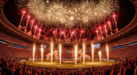 Spectacular fireworks illuminate stadium during electrifying nighttime sporting eventの素材
