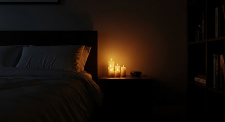 Peaceful bedroom scene with lit candles on nightstand in cozy ambianceの素材