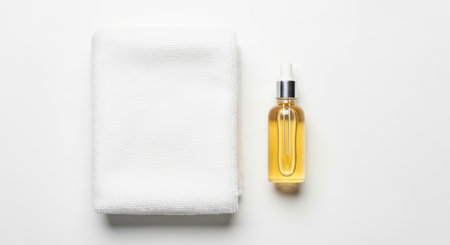 Golden serum bottle and white towel on minimalist backgroundの素材